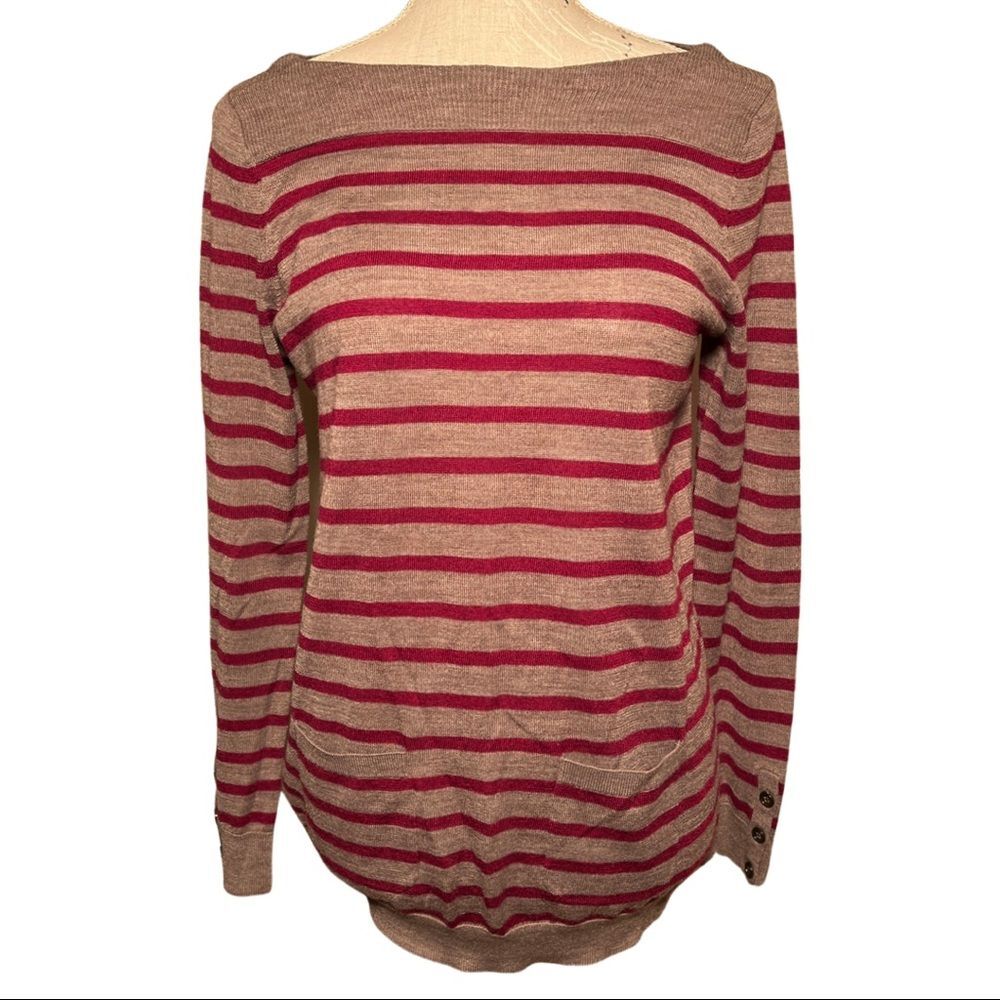 LOFT Striped Patch Pocket Tunic Sweater size medium grey burgundy boatneck Cozy